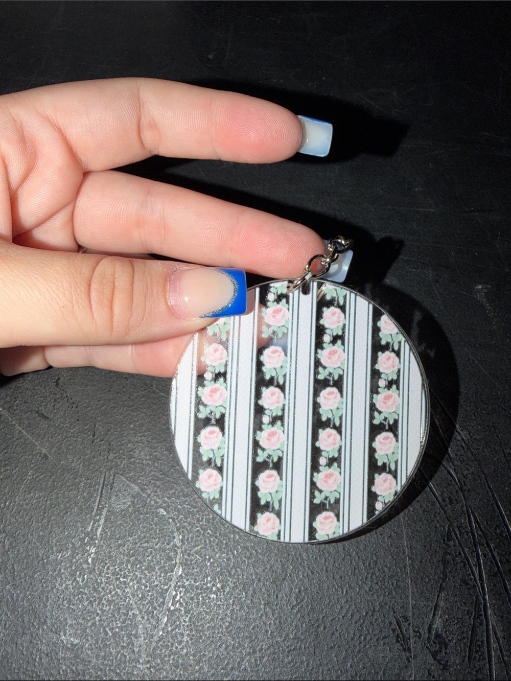 Round Floral Stripe Keychain - Pink Rose on Black & White